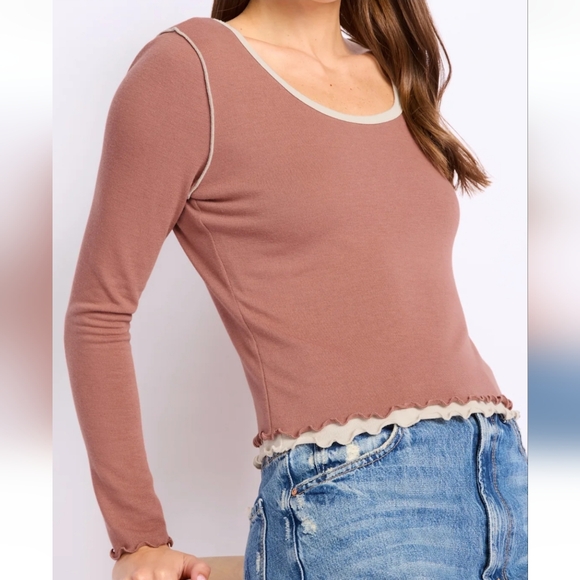 LUSH -  Long Sleeve 2-Tone Boatneck Long Sleeve Ruffle Hem Top - Picture 1 of 5
